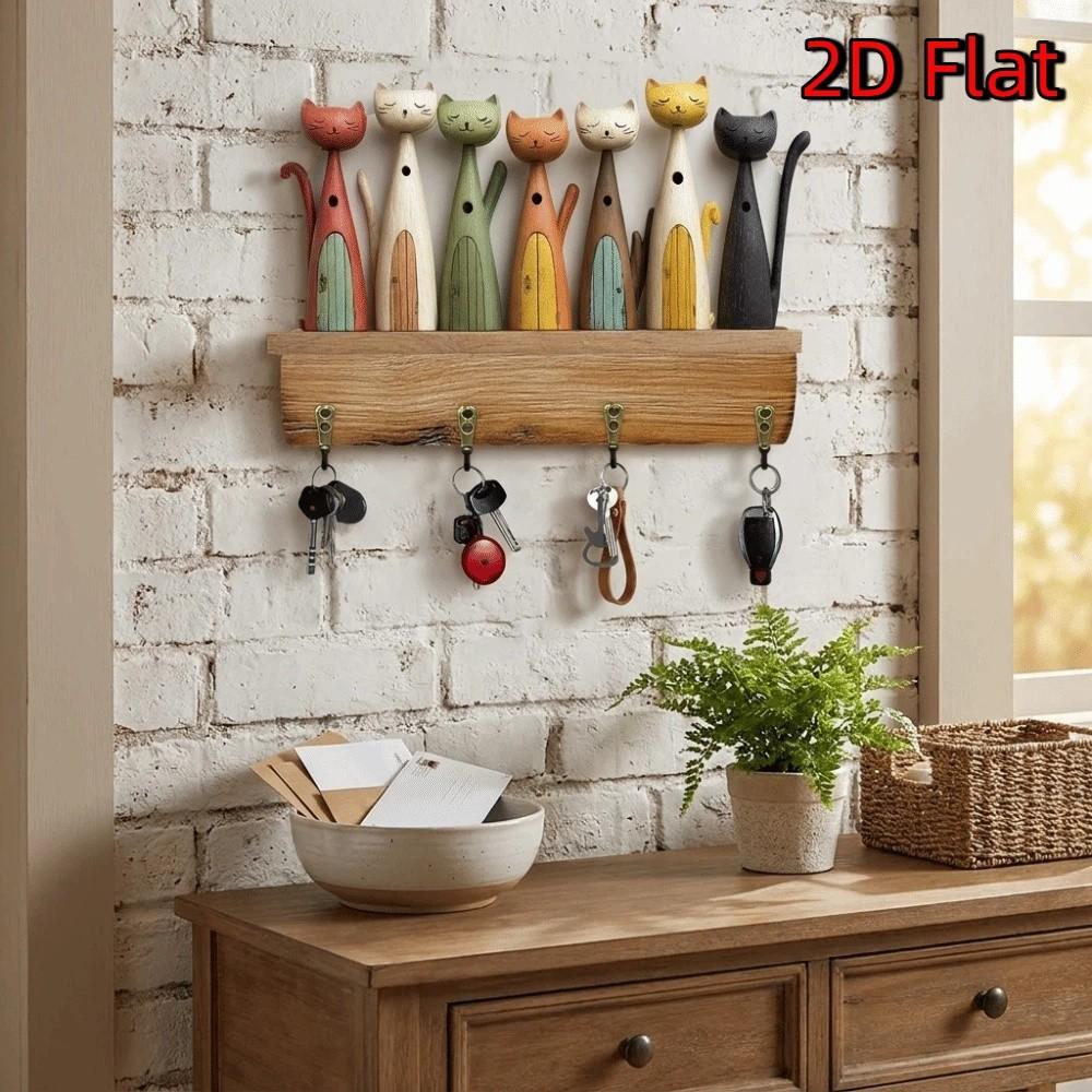 Colorful Cat Wooden Key Hanger Retro Design with 4 Hooks Animal Key Holder 2D Flat Wall-Mounted Key Holder Bedroom