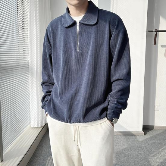 Men Fall Spring Top Half Zipper Turn-down Collar Corduroy Loose Vertical Striped Solid Color Long Sleeves Pullover Office Shirt for Commuting School