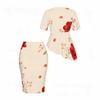 Women Plus Size Beige Red Printed Round Neck Short Sleeve Asymmetric Top And Fitted Skirt Two Piece Set