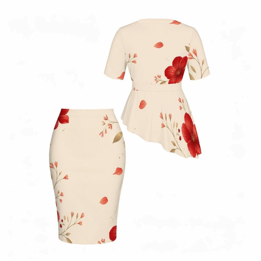 Women Plus Size Beige Red Printed Round Neck Short Sleeve Asymmetric Top And Fitted Skirt Two Piece Set