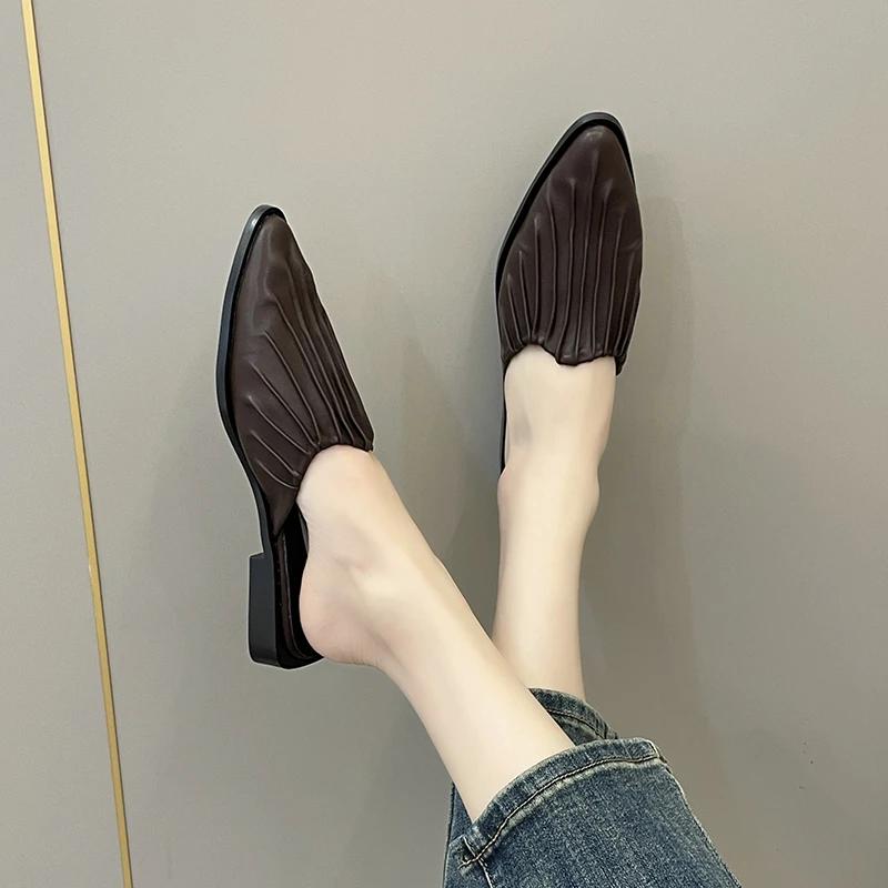 Fashion Baotou Semi-slippers Women's Spring and Summer New Versatile Small Pleated Square Toe Flat Bottom Baotou Slip-on Shoes