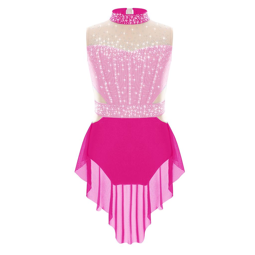 Девочки Спортивный купальник с высоким воротом, без рукавов, со стразами, цветной блок, сетчатая юбка