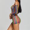 European and American fun colorful long-sleeved hip-wrapped one-piece mesh, sexy and tempting short skirt