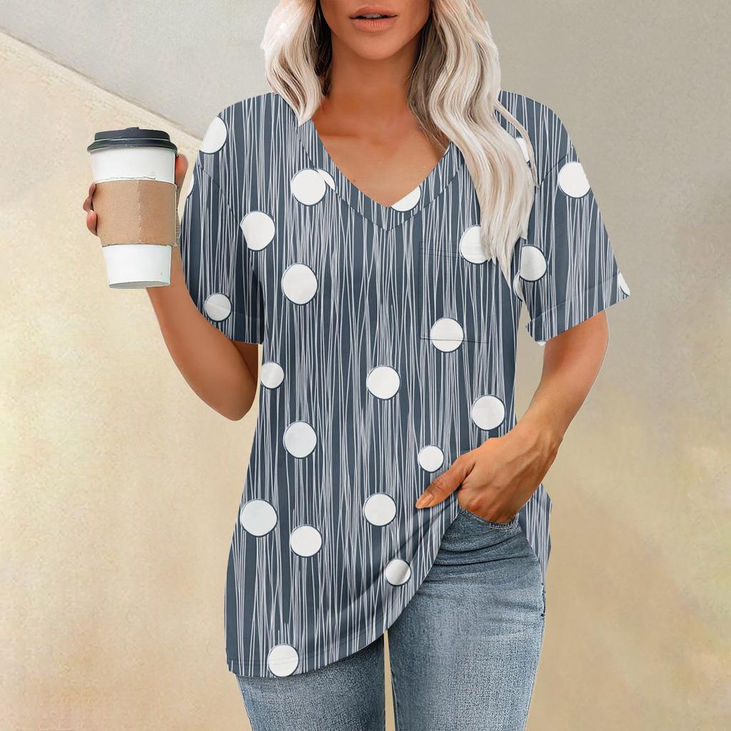 Women's Fashion Pocket V-neck Short Sleeve Plant Floral Print T-shirt Top