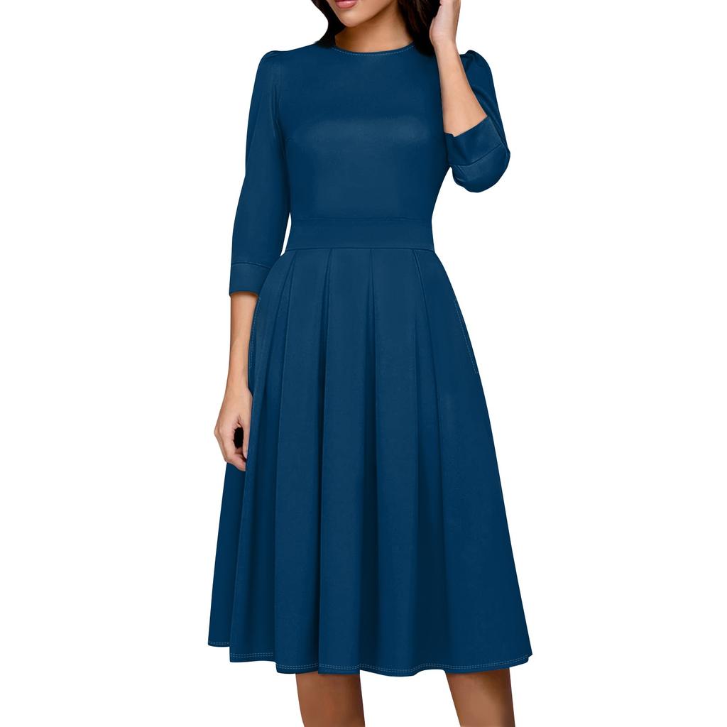 Women's Casual And Fashionable 3/4 Sleeve Pocket With Back Zipper Dress