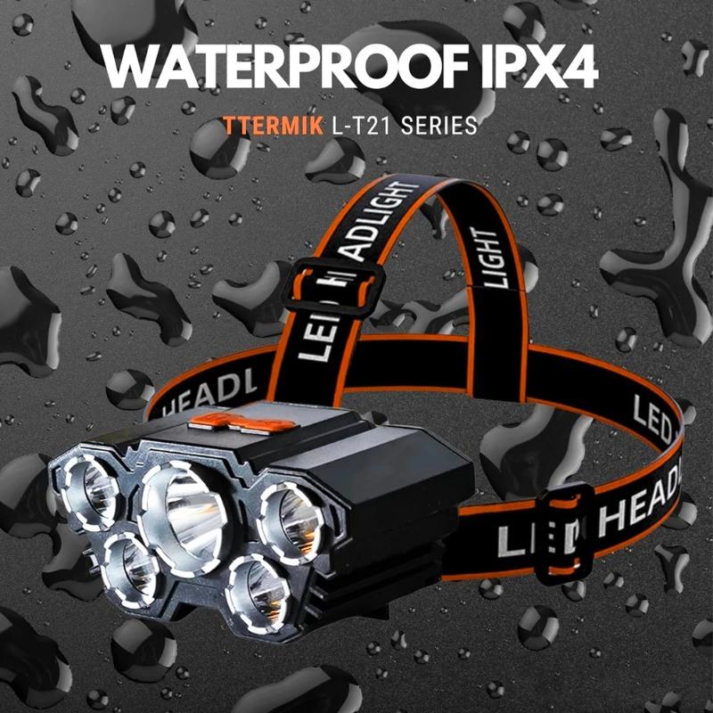 Светодиодный налобный фонарь с USB-подзарядкой, 5 светодиодов, 4 режима, встроенный перезаряжаемый литиевый аккумулятор, легкий налобный фонарь, эластичный головной ремень