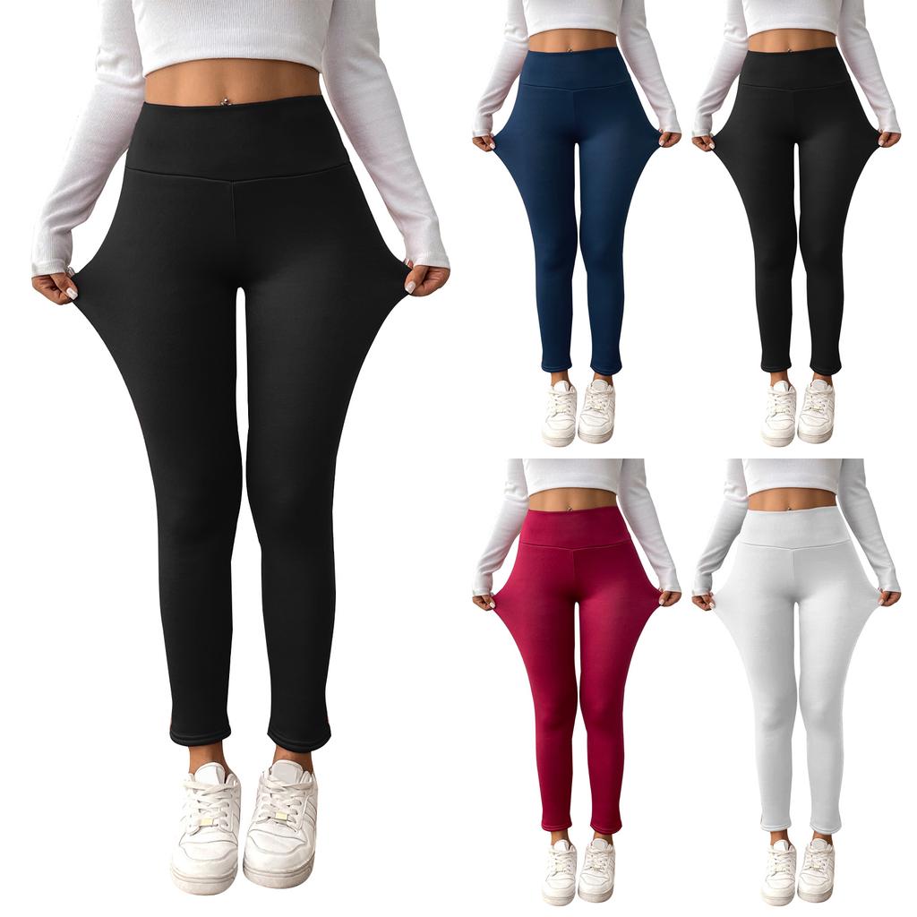 Women's Fleece-Lined Ribbed Thermal Leggings High-Waisted Slimming Design With Pockets Shapewear Leggings For Lifted Buttocks