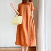 Women's Loose Cotton Dress Summer Casual Plus Size Midi Dress Crew Neck Short Sleeve Pleated Swing Dress with Pockets