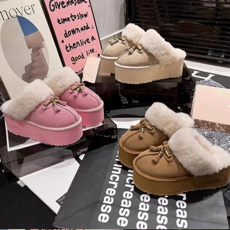 Женские меховые хлопковые тапочки с бахромой, замшевые домашние туфли на платформе, зимние ботинки 2025 года, новые модные теплые туфли на плоской подошве, плюшевые шлепанцы, мюли
