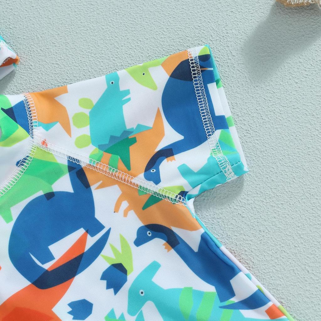 Детский купальный комбинезон для мальчиков, пляжные летние купальники для детей 1 года, 2 лет, 3 лет, 4 лет, 5 лет, 6 лет, с короткими рукавами, круглым вырезом, купальник с принтом динозавра из мультфильма, шорты + шапочка