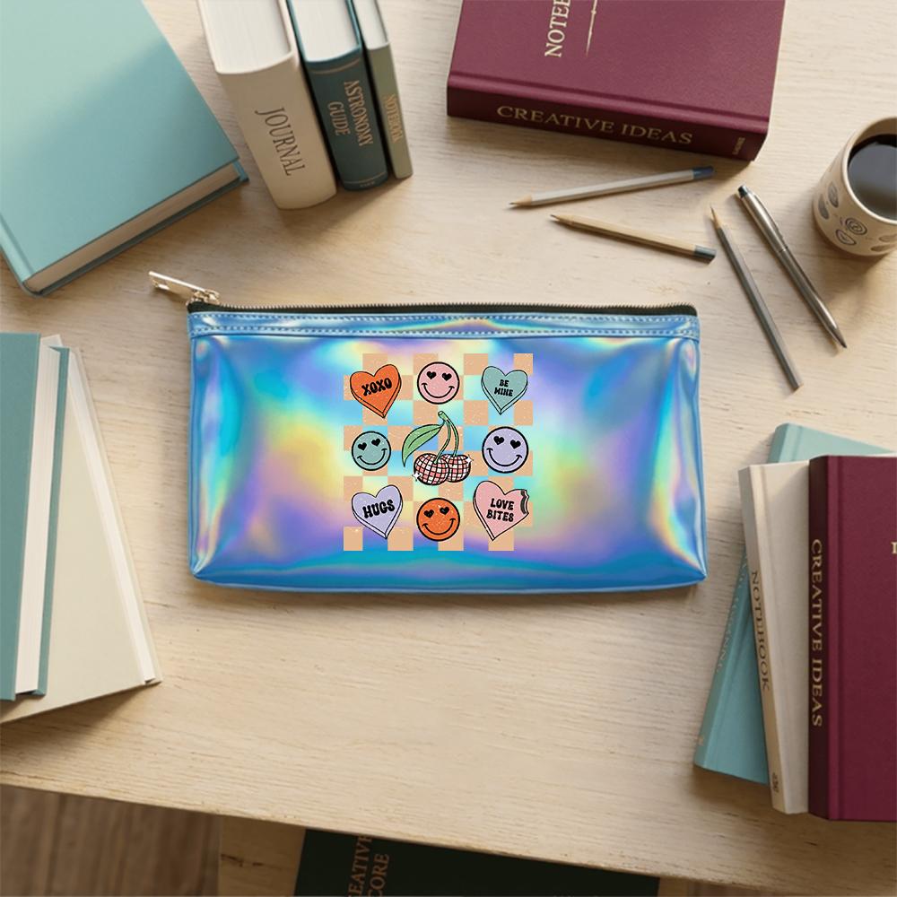 Retro Disco Cherry and Smiley Face Print Laser Cosmetic Makeup Bag,Holographic Toiletry Pouch Organizer for Travel Daily Storage