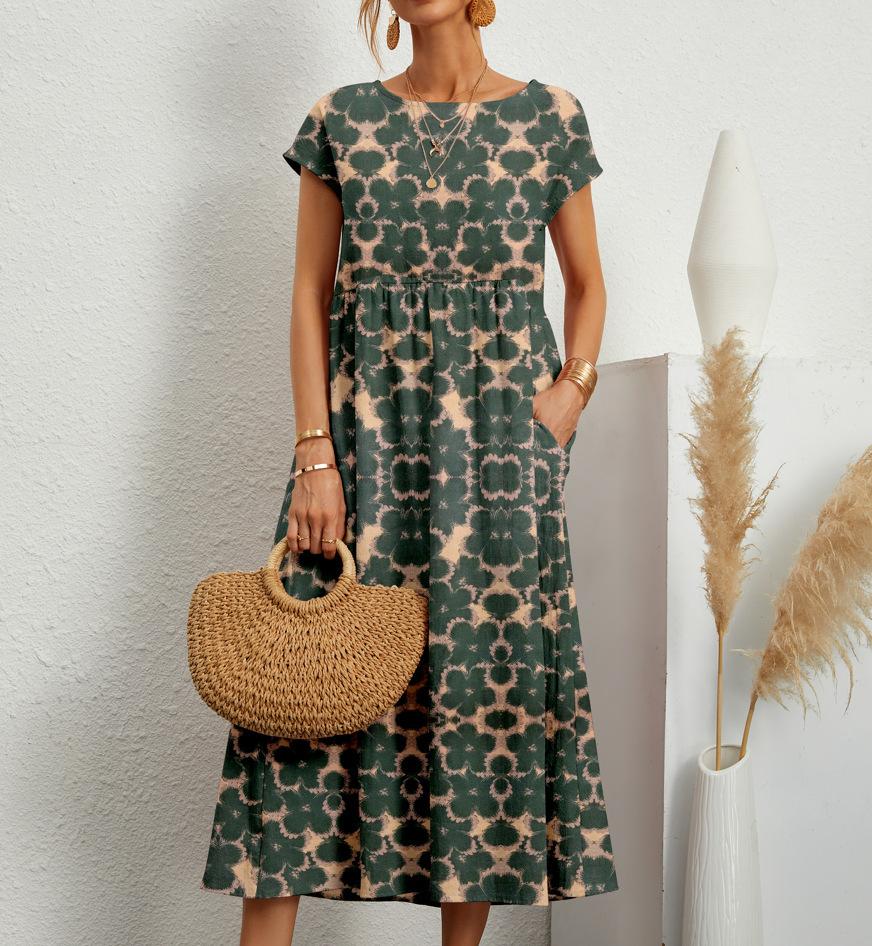 Women Dress Round Neck Printed Short Sleeved A-line Maxi Skirt Unique Floral Long Dresses