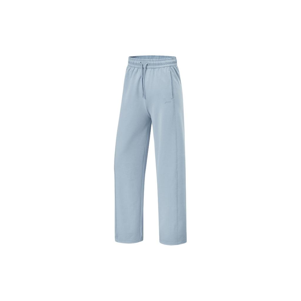 Li Ning Fitness Series Solid Color Casual Elastic Waist Straight Loose Pants Knitted Sports Pants Women Bottoms Light-Gray-Blue AKLU692-3