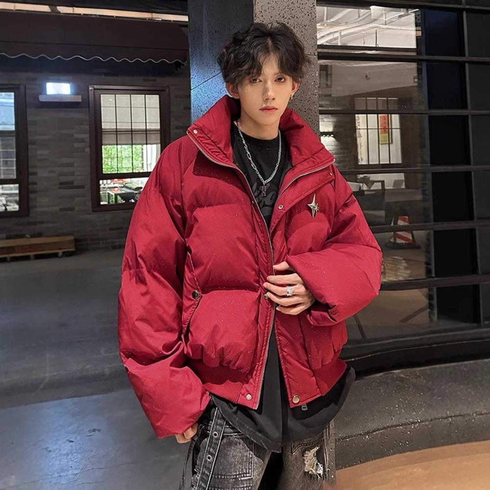 Red Down Jacket Mens Winter Thickened Bread Coat High Street Design Handsome Jacket