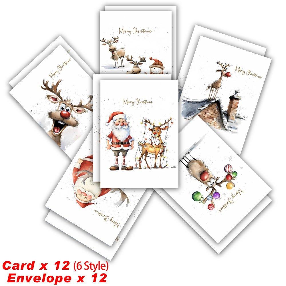 12/24pcs Funny Christmas Cards with Envelopes -Holiday Greeting Card Set - Blank Inside for Personal Messages - Festive Santa