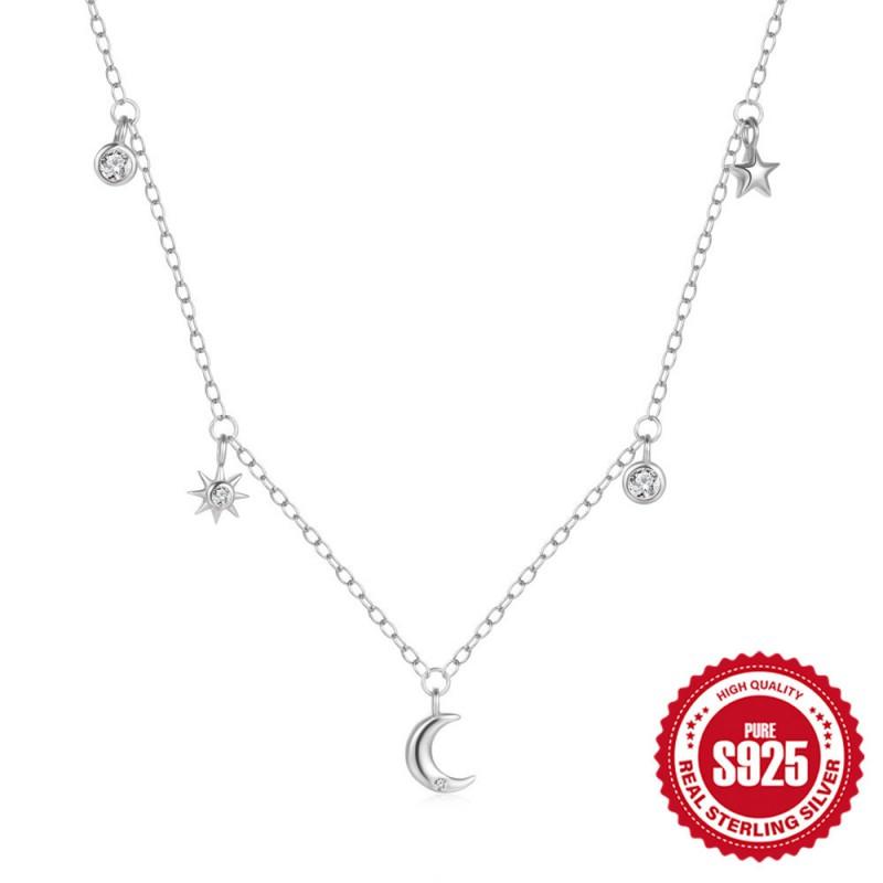 Sterling Star Moon Pendant Necklace Women Minimalist LayeringChain Fashion Jewelry