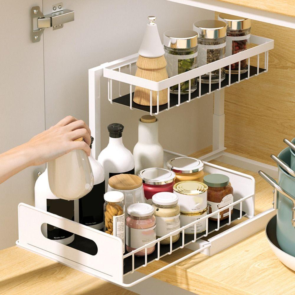 Carbon Steel Under Sink Organizer Slide Out Sink Shelf Metal Sliding Drawer for Kitchen Bathroom