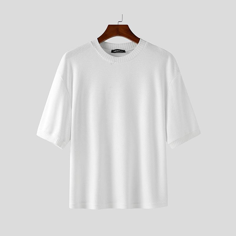 INCERUN Летние мужские футболки с коротким рукавом и круглым вырезом, с фактурной строчкой, свободные топы