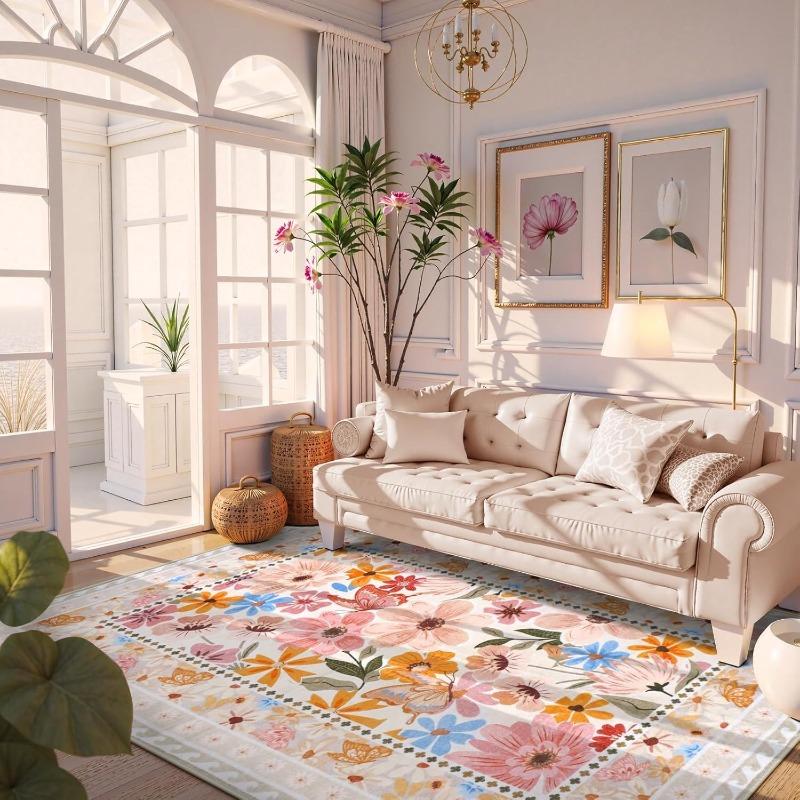 Vintage Purple Living Room Carpet Large Area Floral Print Bedroom Rug Machine Washable Fashion Decorative Coffee Table Mat Tapis