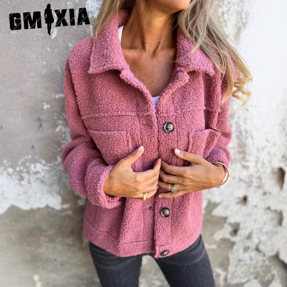 GMXIA Винтажная повседневная флисовая куртка с клетчатым принтом, воротником-поло и длинными рукавами.