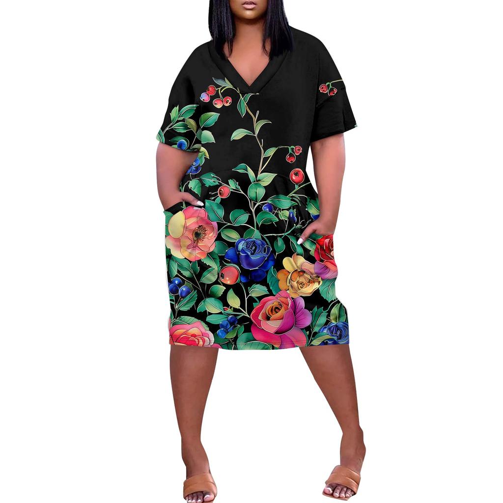 Большое платье, женское летнее платье с v-образным вырезом, платье с короткими рукавами и принтом, с карманами