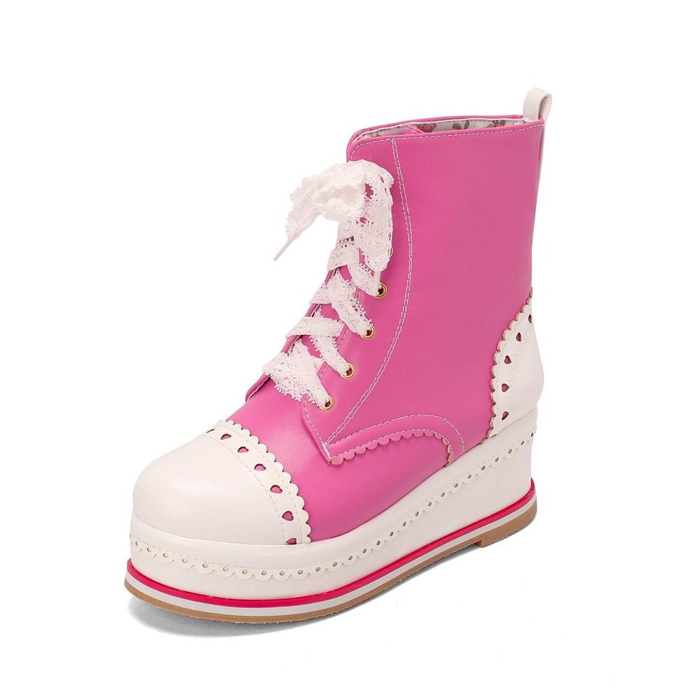 Lolita Style Sweet Girls Shoes Lace Up Platform Hidden Heels Wedges Princess Shoes Women Brock Ankle Boots Pink Plus Size 34-48