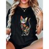 Women Casual T Shirt Black Colorful Cat Floral Pattern Print Loose Fit Top For Daily Wear And Home Use