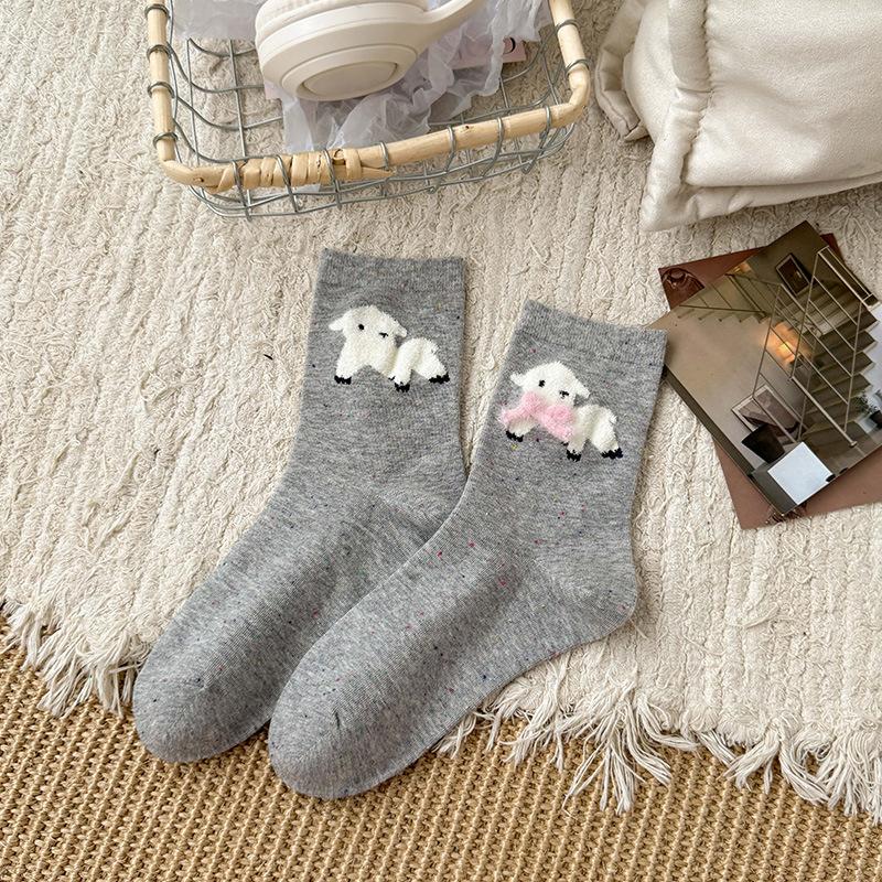 Женские весенне-осенние милые носки-трубы без косточек из пряжи Idea со стереоскопическим бантом и мультяшным животным