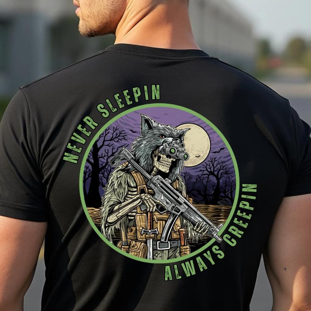 Тактическая футболка Оператора Мужская Череп в Очках Ночного Видения и Волчья Шкура Короткий Рукав Хлопковые Топы Летняя Повседневная Мужская Футболка