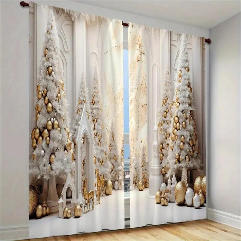 2Pcs Christmas Present Luxurious Christmas Decoration Curtains Festive Digital Print Holiday Decor Living Room Bedroom Kitchen