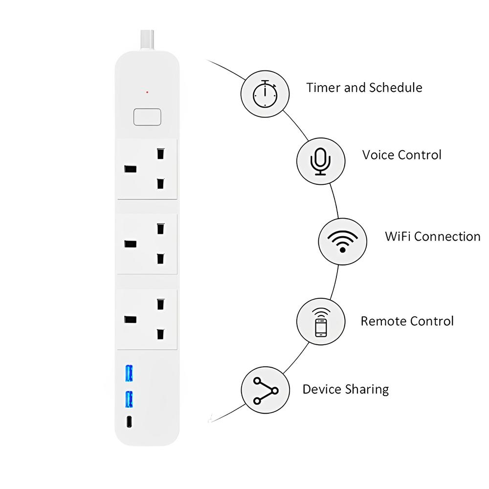 UK Tuya WiFi Smart Power Strip Удлинитель Розетка Вилка 2 USB порта 1 Type-C Пульт дистанционного управления Работает с Google Home Alexa Dot Office