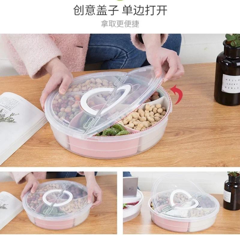Snack Candy Round Tray Snack Dried Fruit Box with Cover Compartment Detachable 5 Grid Food Storage Box Household Plates WithLid