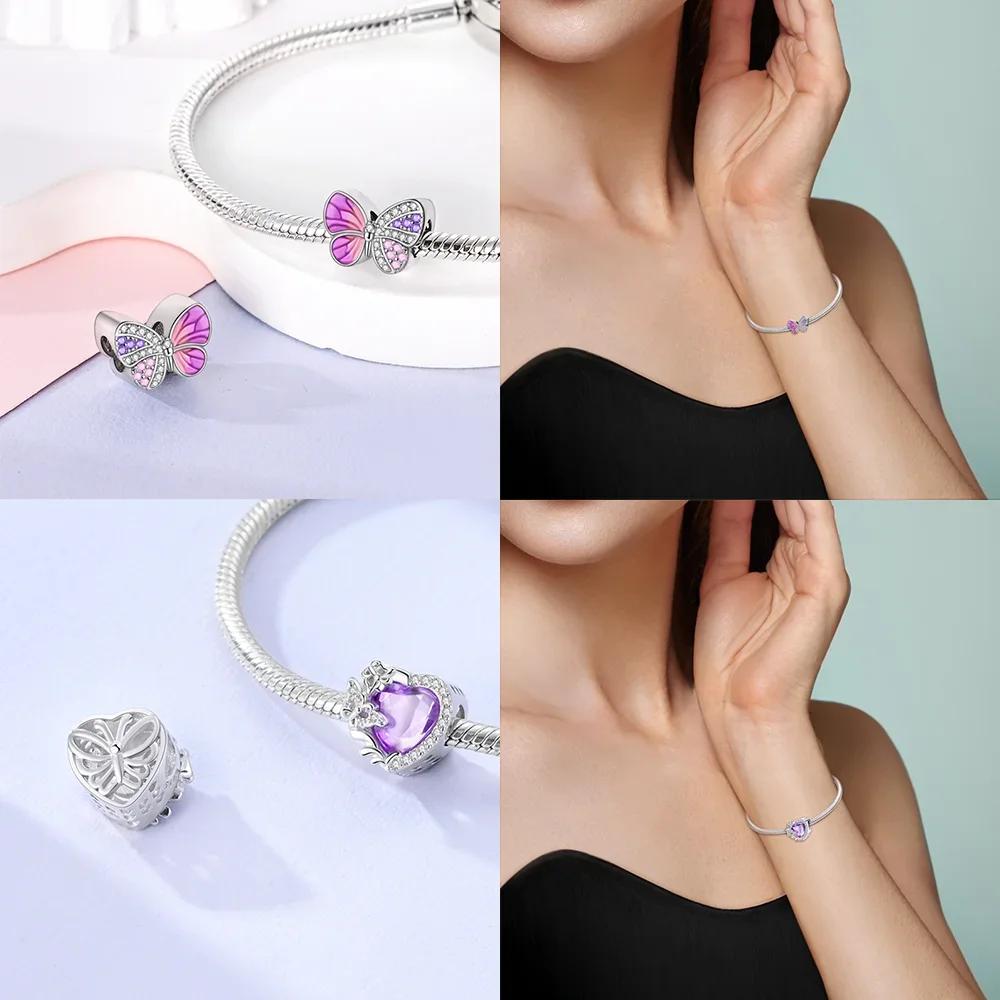 Cute Blue Pink Fantasy Butterfly Series Copper Beads Pendant Fit Bangle Charms Bracelet Diy Women Original Jewelry