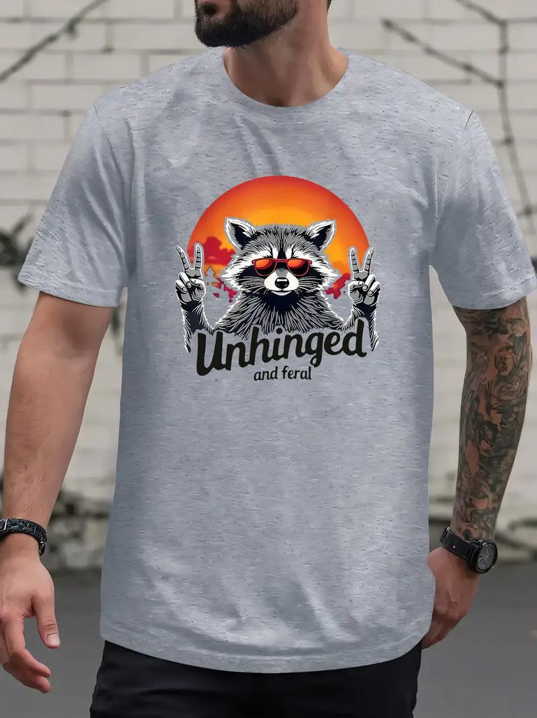 Funny Raccoon Graphic T-shirt - White Casual Tee with Fashion Glasses Raccoon & UNHINGED Text - Lightweight Everyday Shirt for Parties