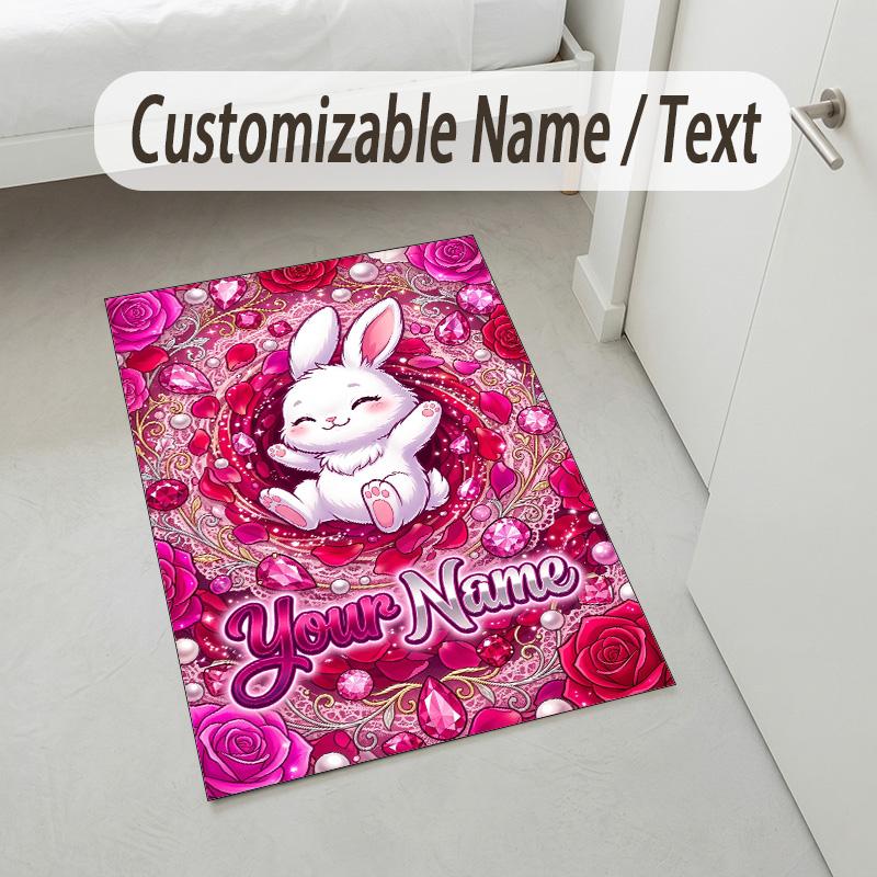 Easter Bunny Theme Crystal Velvet Rug Personalized Custom Name Text Soft Floor Mat Home Decor