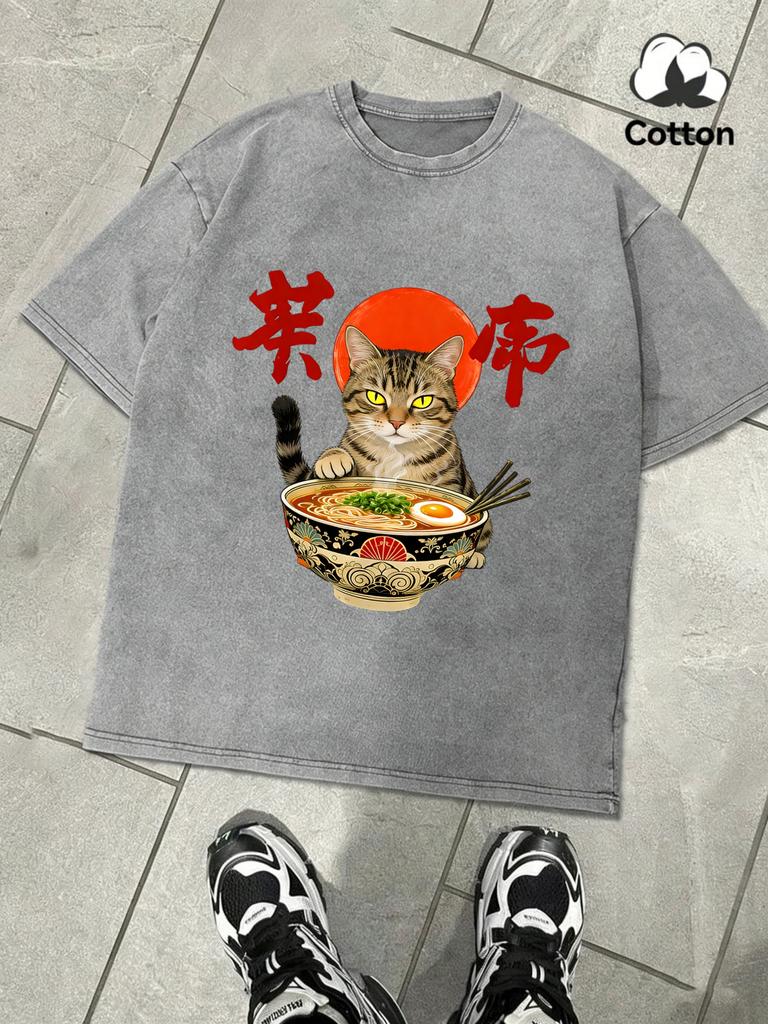 Cat That Likes To Eat Noodles Printed Washed TShirts Men Cotton Casual T Shirt Summer Clothing ONeck AllMatch Short Sleeve