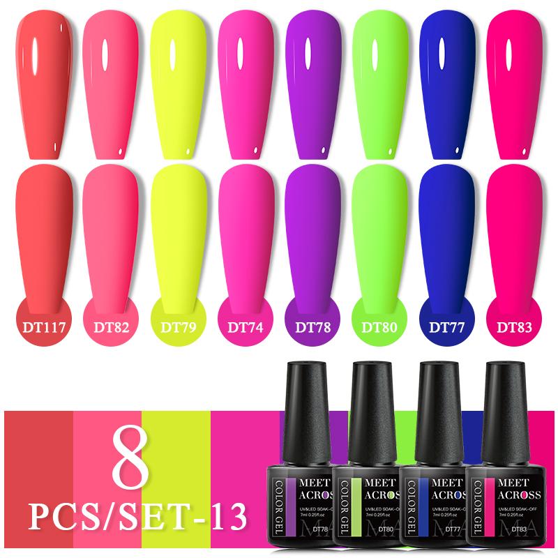 MEET ACROSS 8 шт./компл. цветной гель-лак для ногтей с блестками, набор гель-лаков с блестками, полуперманентный замачиваемый УФ-светодиодный гель-лак для маникюра