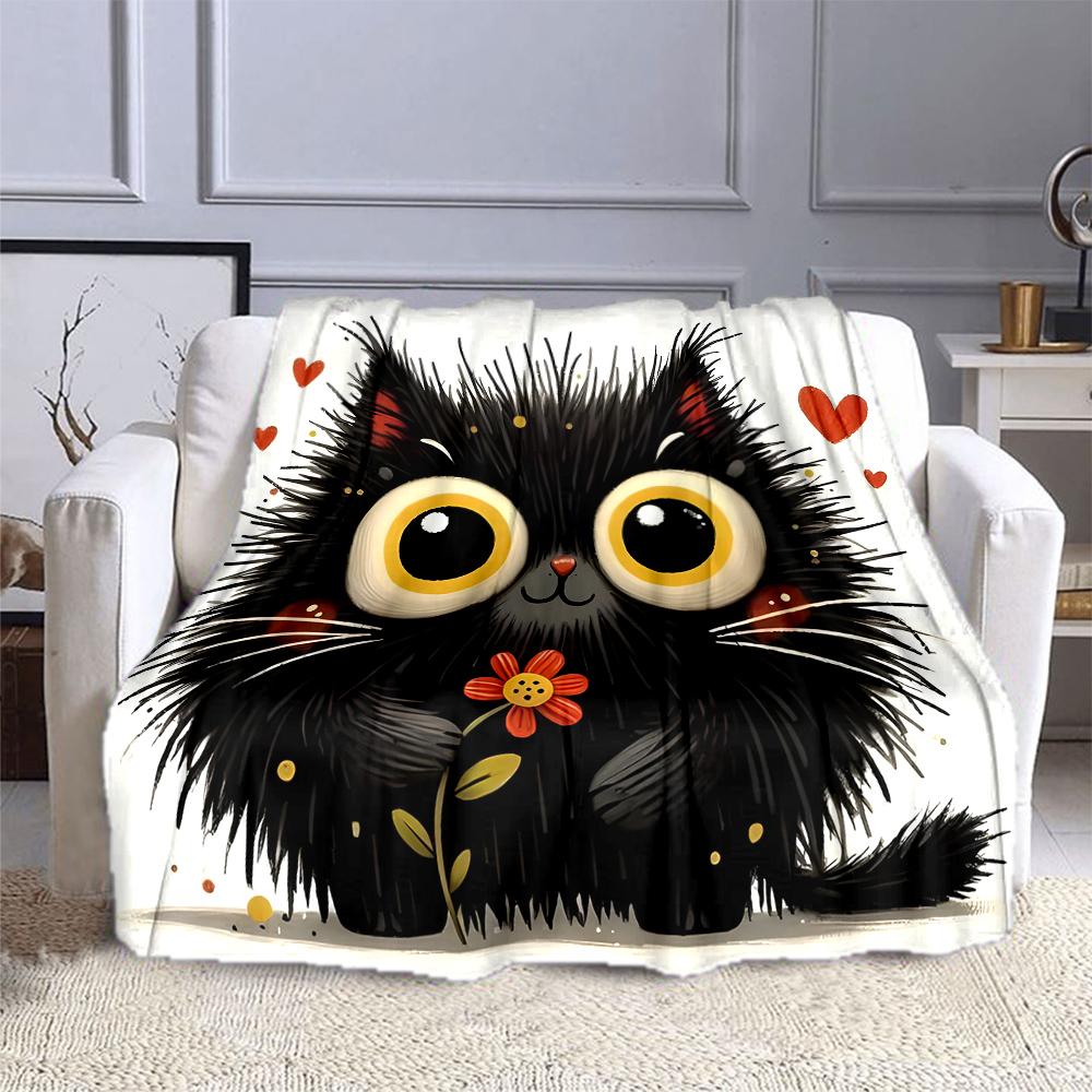Cute Black Cat with Flower and Hearts Patterned flannel blanket perfect for the bedroom living room, sofa, or a little nap