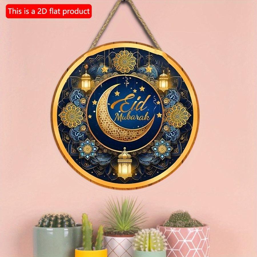 2D Flat 20*20cm 1pc EID Mubarak Bright Moon&Flowers&Lantern Pretty Round Wooden Pendant, Star Sky Theme Gorgeous Retro Style Ceiling Hanging Ramadan