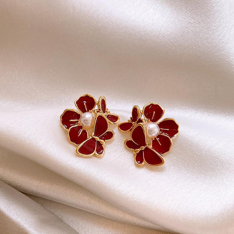 Korea Style Butterfly Flower Shape Red Enamel Stud Earrings for Women Party Cute Lovely Elegent Pearl Vintage Earrings Jewelry