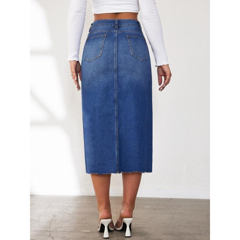 Женская джинсовая юбка, винтажная эластичная джинсовая полуюбка средней длины с разрезом, полуюбка
