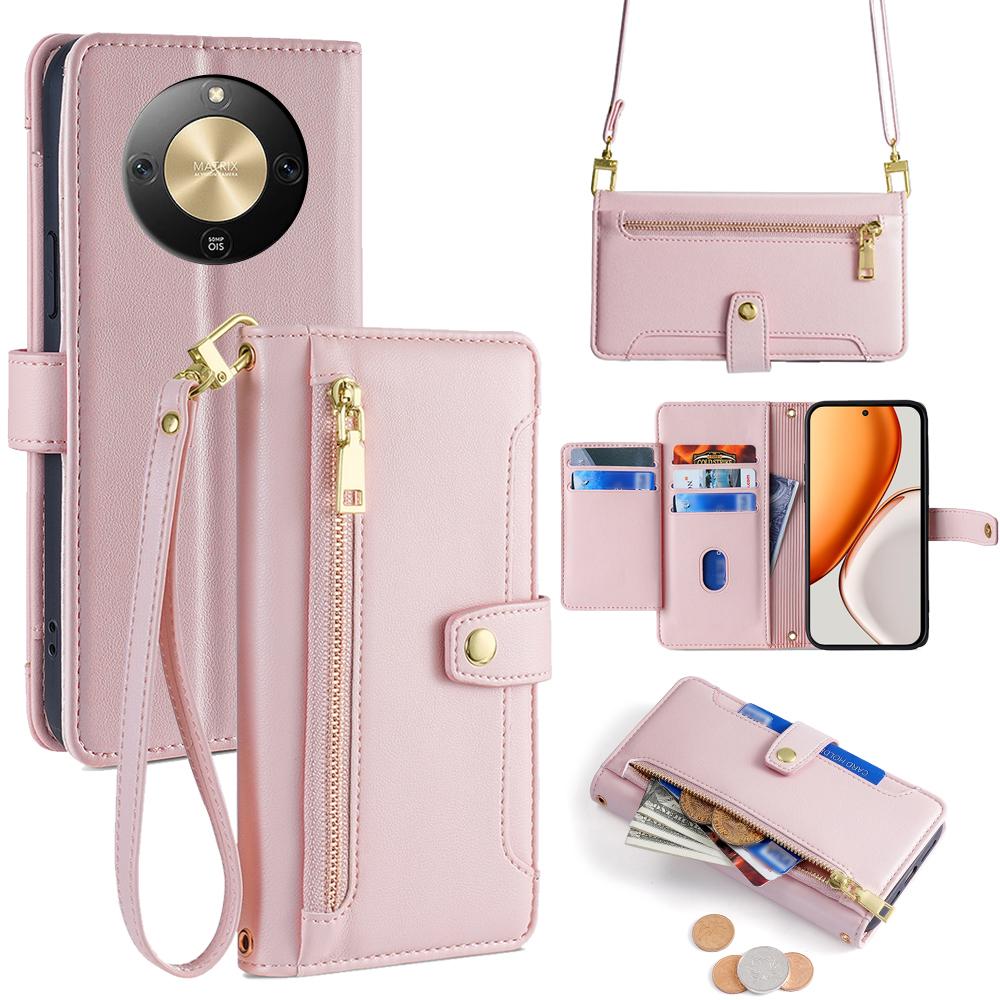 For Honor X70 5G Leather Case Zipper Pocket Wallet Phone Cover with 2 Straps