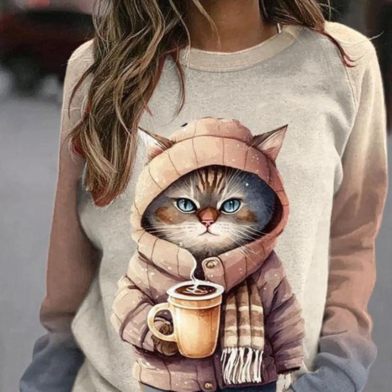 Cartoon Kawaii Long Sleeve T-Shirts Women Funny Cute Cat Animals Print Tops Female Korean Fashion Chic O-Neck Pullover 2024 New