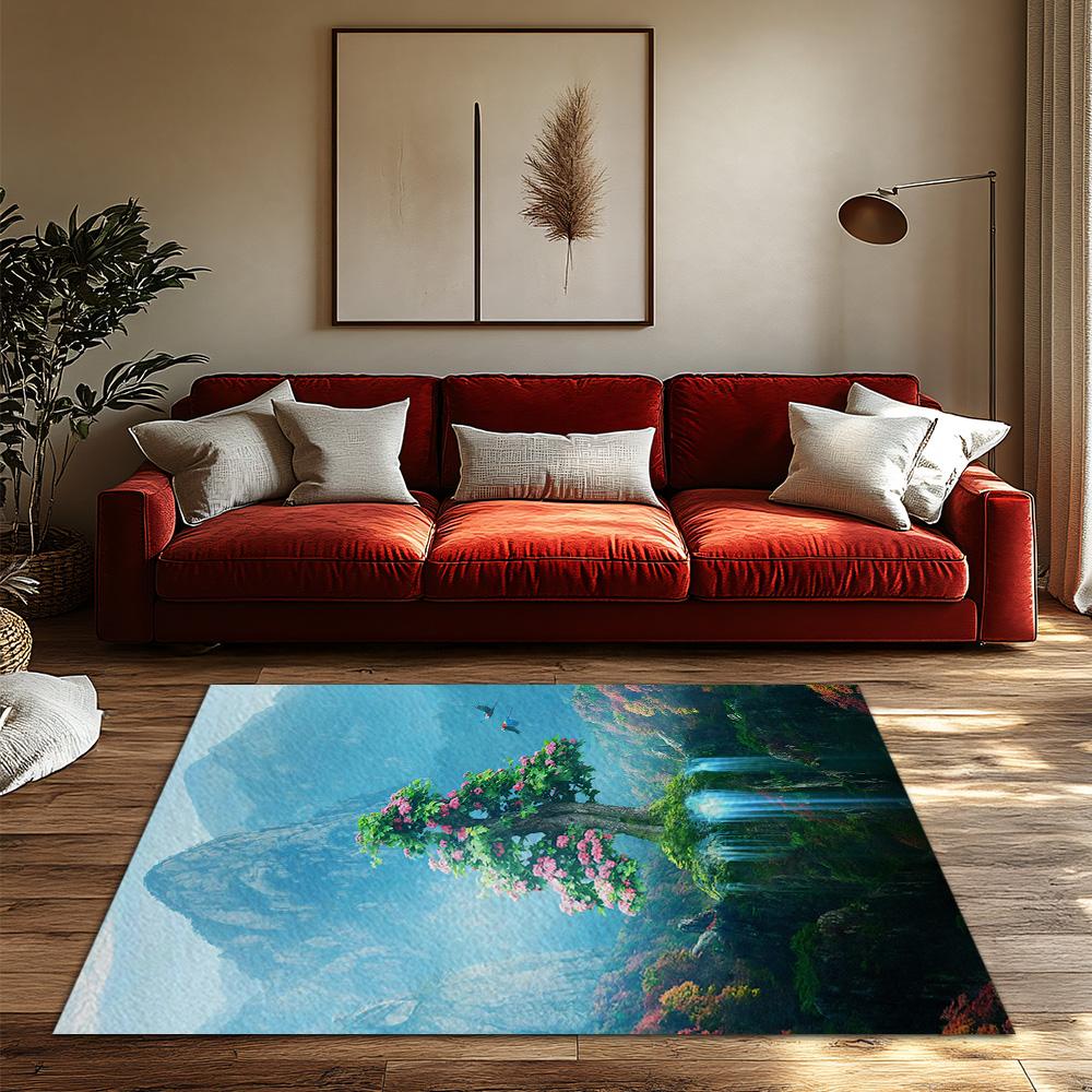 Forest Landscape Area Rug, Colorful Nature Themed Carpet for Living Room, Soft Non-Slip Mat with Tree Design, Cozy Home Decor