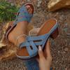 Fashion Elegant Round Toe Cross Tie Straps Slippers Women 2025 Summer Square High Heels Shoes Women Vintage Blue Daily Shoes