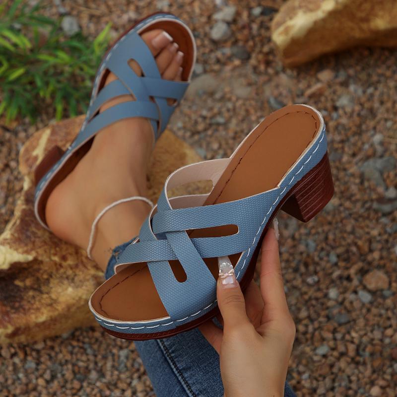 Fashion Elegant Round Toe Cross Tie Straps Slippers Women 2025 Summer Square High Heels Shoes Women Vintage Blue Daily Shoes
