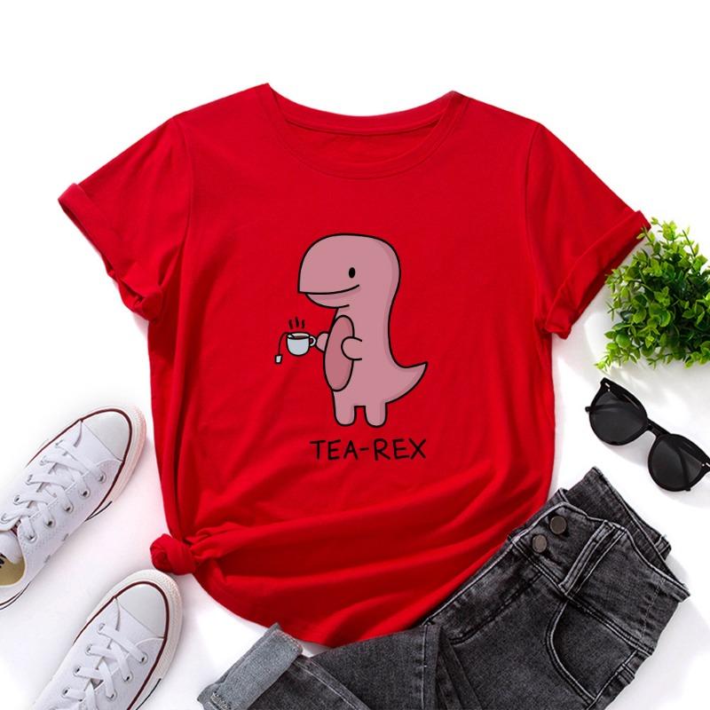 Summer Women's Pink Printed Dinosaur Pure Cotton Loose Round Neck Short Sleeved T-Shirts Women’s