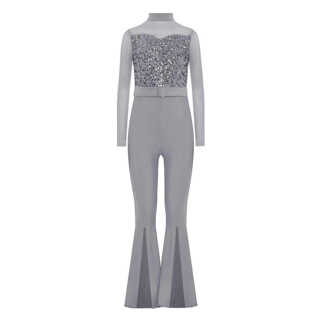Костюм для джазового танца для девочек, комбинезон с длинными рукавами и вырезом на спине из прозрачной сетки, расширяющийся книзу, с пайетками