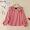 Women Casual Ruffles Round Neck Loose Long Sleeve Plaid Blouse