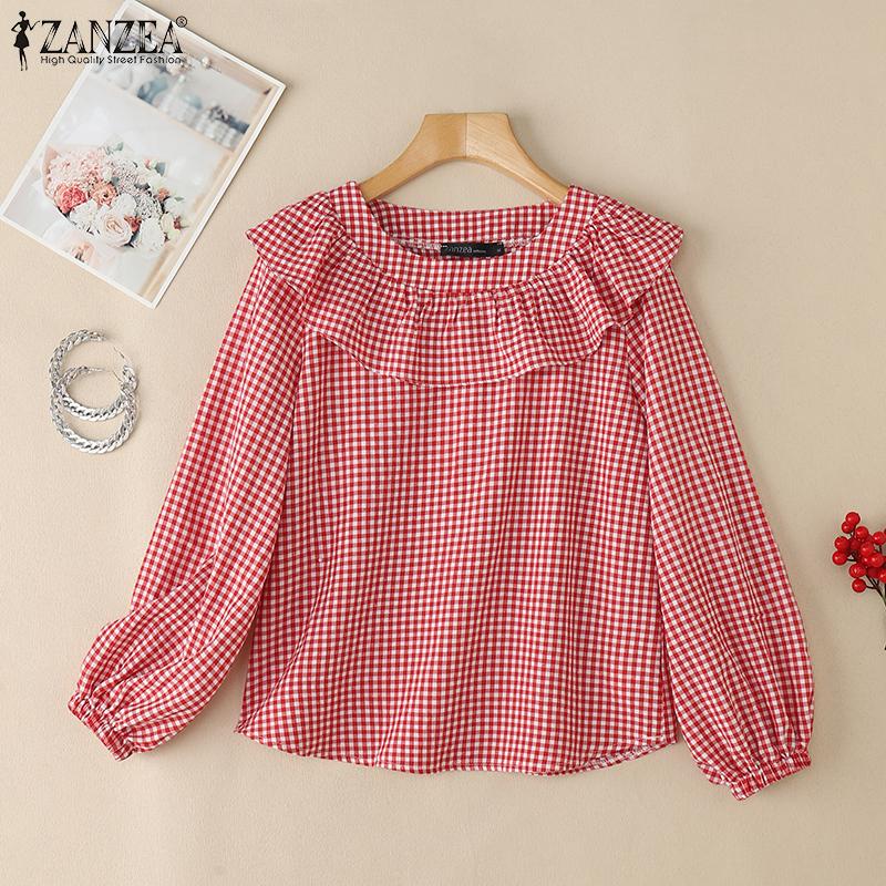 ZANZEA Женская повседневная блузка в клетку с оборками, круглым вырезом и длинным рукавом свободного кроя